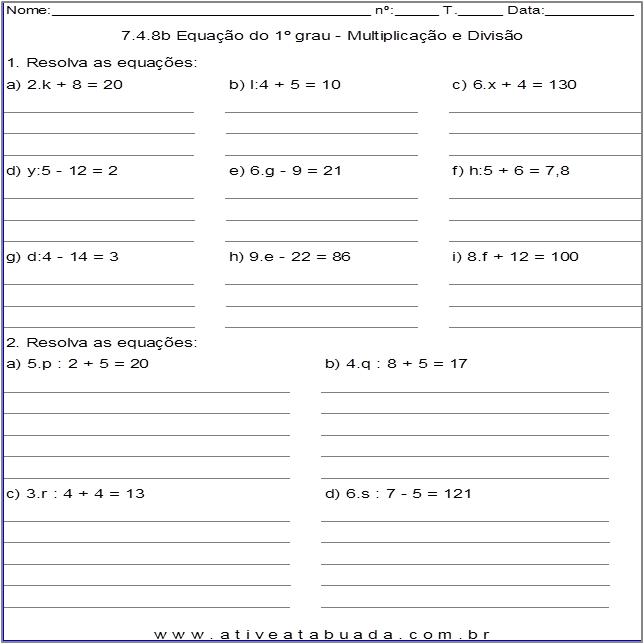 Atividade 7.4.8b Equação do 1º grau - Multiplicação e Divisão