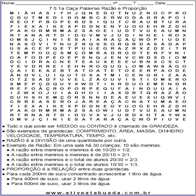 Atividade 7.5.1a Caça-palavras Razão e Proporção