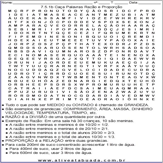 Atividade 7.5.1b Caça-palavras Razão e Proporção