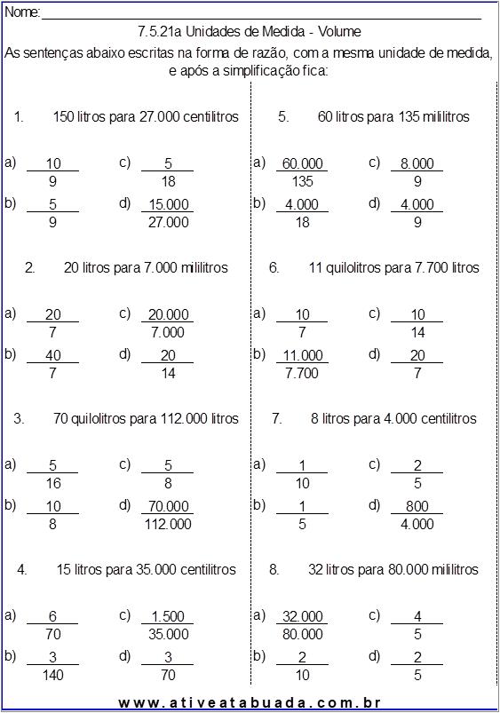 Atividade 7.5.21a Unidades de Medida - Volume