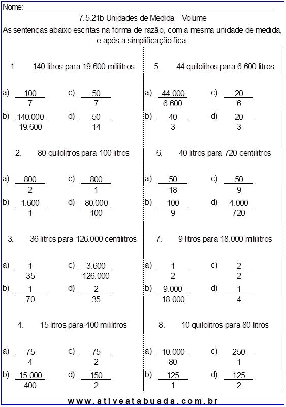 Atividade 7.5.21b Unidades de Medida - Volume