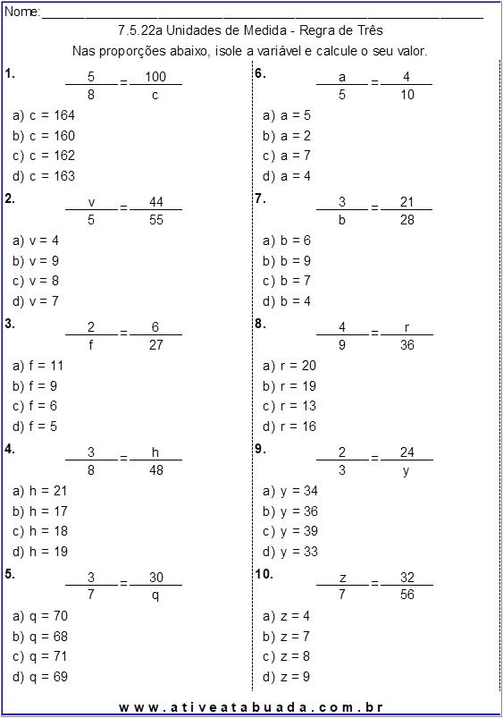 Atividade 7.5.22a Unidades de Medida - Regra de Três