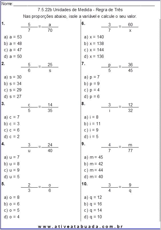 Atividade 7.5.22b Unidades de Medida - Regra de Três