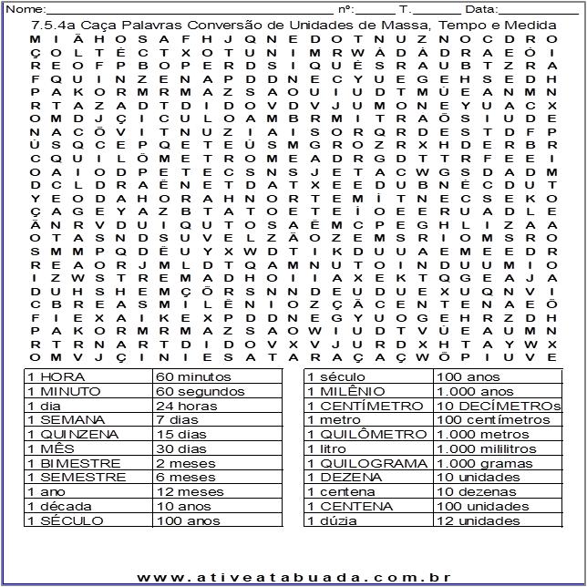 Atividade 7.5.4a Caça-palavras Conversão de Unidades de Massa, Tempo e Medida