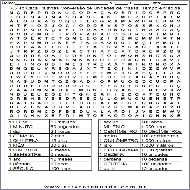 Atividade 7.5.4b Caça-palavras Conversão de Unidades de Massa, Tempo e Medida
