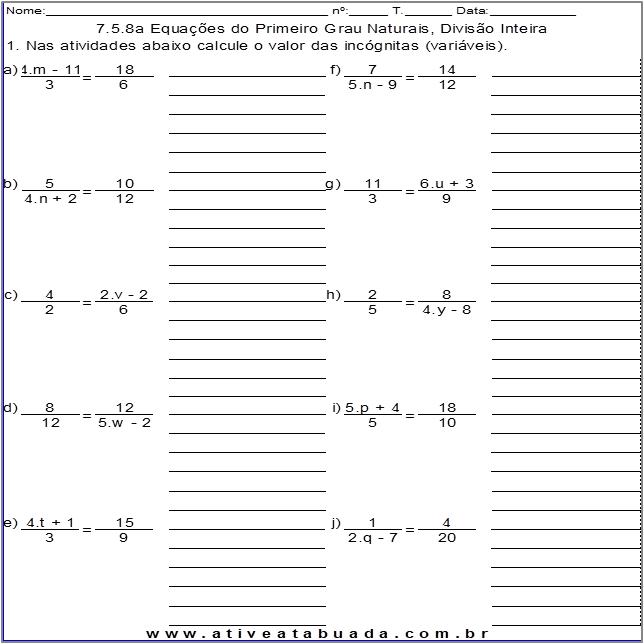 Atividade 7.5.8a Equações do Primeiro Grau Naturais, Divisão Inteira