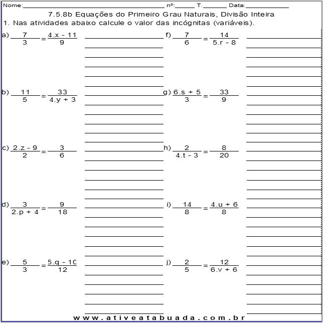 Atividade 7.5.8b Equações do Primeiro Grau Naturais, Divisão Inteira