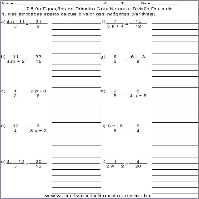 Atividade 7.5.9a Equações do Primeiro Grau Naturais, Divisão Decimais
