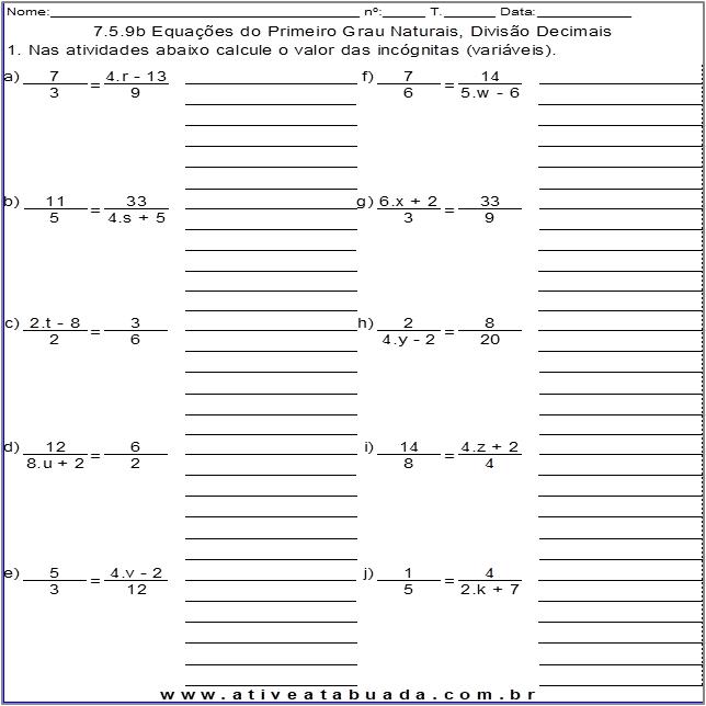 Atividade 7.5.9b Equações do Primeiro Grau Naturais, Divisão Decimais