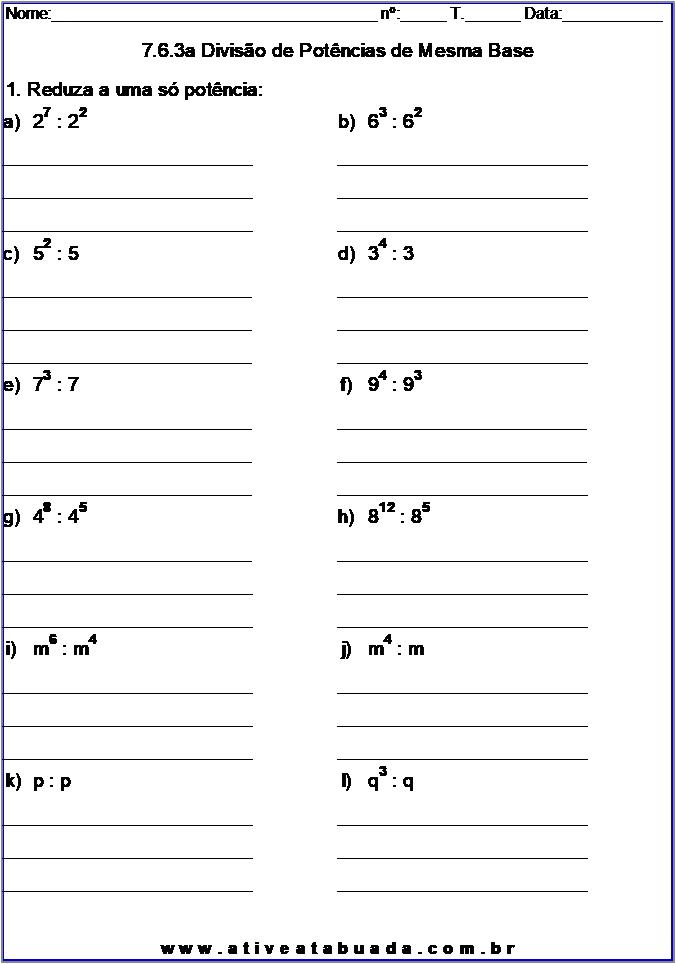 Atividade 7.6.3a Divisão de Potências de Mesma Base