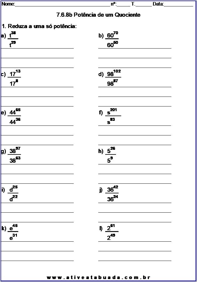 QUIZ DE MATEMÁTICA 9° ANO - Potenciação 