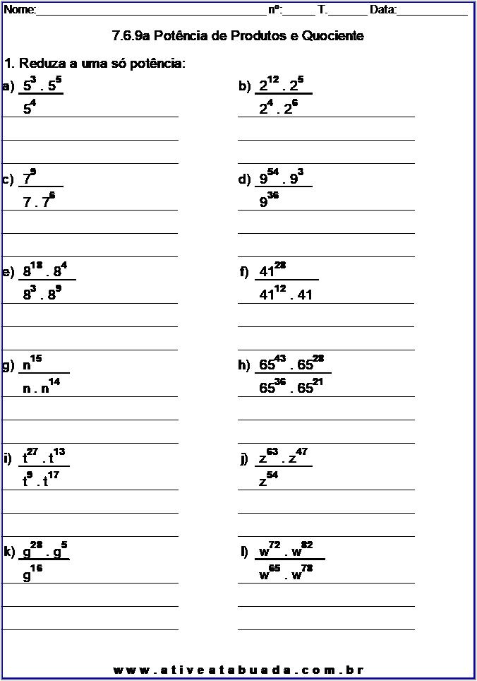 Notação e propriedades das potências interactive worksheet