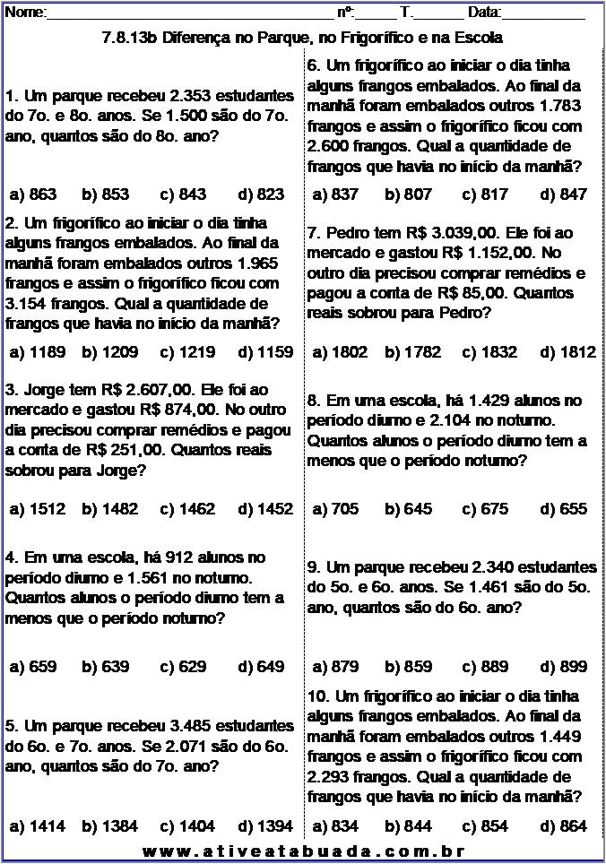 Atividade 7.8.13b Diferença no Parque, no Frigorífico e na Escola