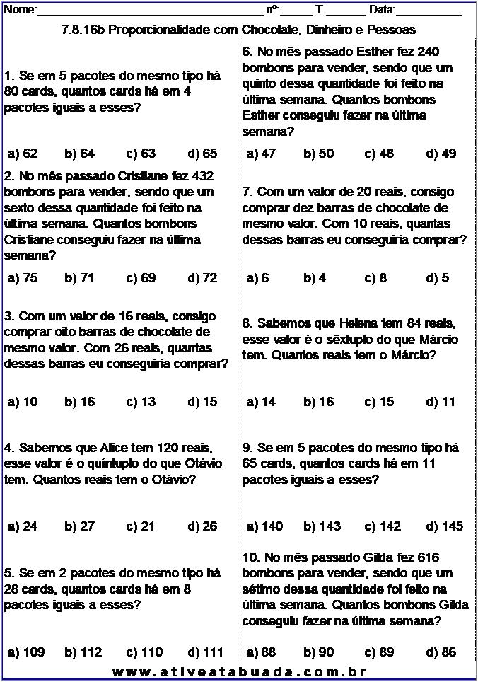 Atividade 7.8.16b Proporcionalidade com Chocolate, Dinheiro e Pessoas