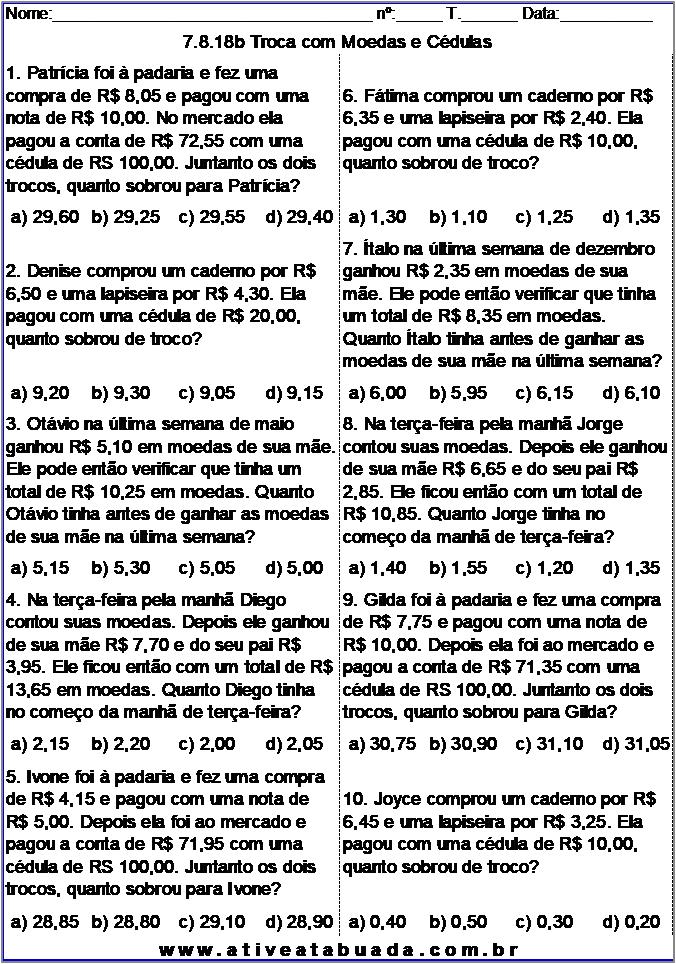 Atividade 7.8.18b Troca com Moedas e Cédulas