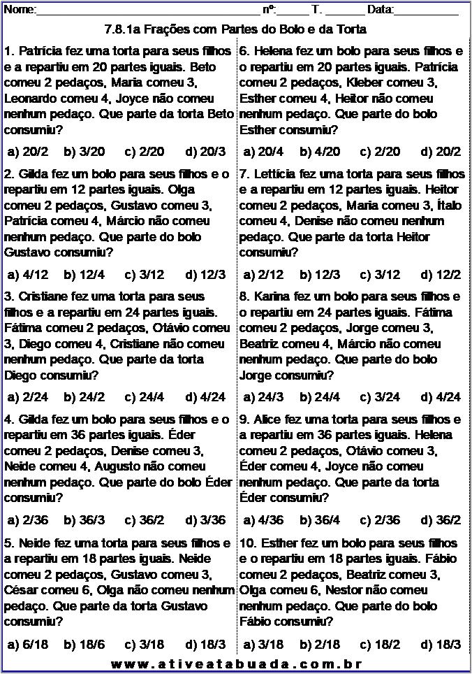 Atividade 7.8.1a Frações com Partes do Bolo e da Torta