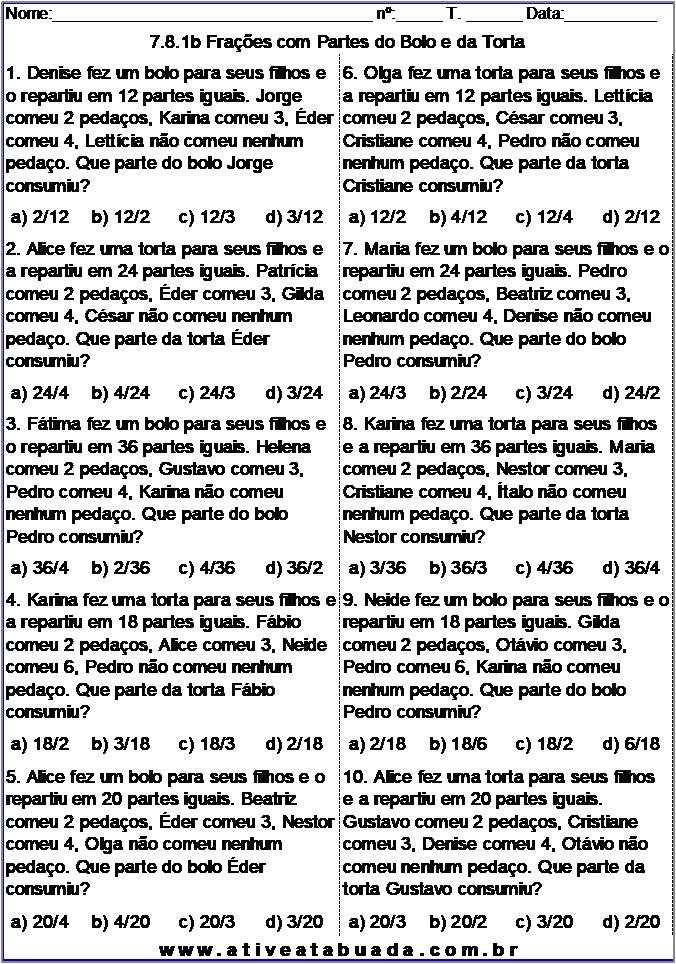 Atividade 7.8.1b Frações com Partes do Bolo e da Torta