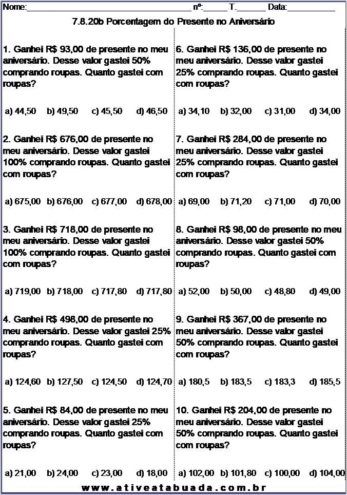 Atividade 7.8.20b Porcentagem do Presente no Aniversário
