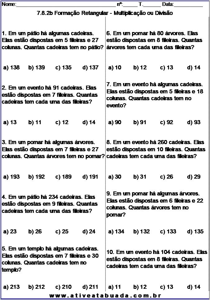 Atividade 7.8.2b Formação Retangular - Multiplicação ou Divisão