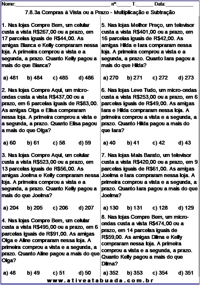 Atividade 7.8.3a Compras à Vista ou a Prazo - Multiplicação e Subtração