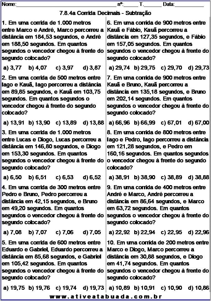 Atividade 7.8.4a Corrida Decimais - Subtração