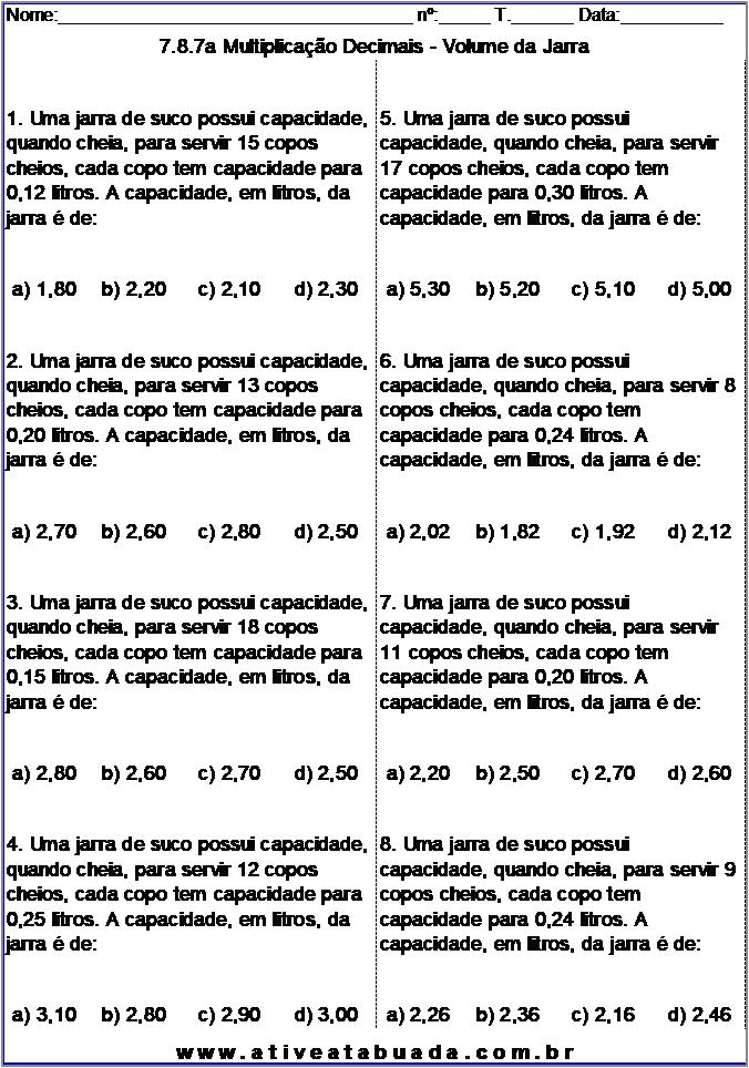 Atividade 7.8.7a Multiplicação Decimais - Volume da Jarra