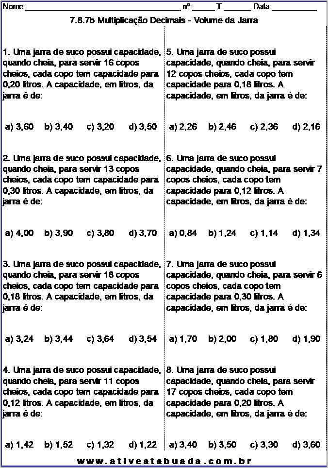 Atividade 7.8.7b Multiplicação Decimais - Volume da Jarra