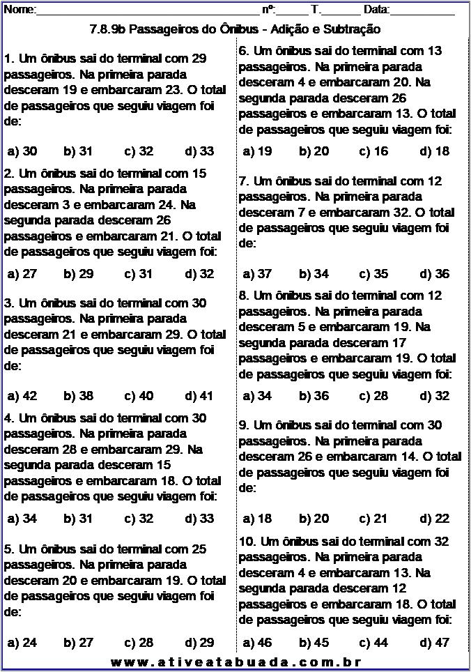 Atividade 7.8.9b Passageiros do Ônibus - Adição e Subtração