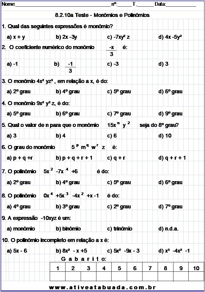 Atividade 8.2.10a Teste - Monômios e Polinômios