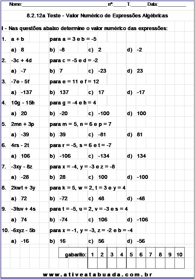 Atividade 8.2.12a Teste - Valor Numérico de Expressões Algébricas