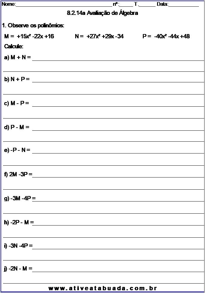 Atividade 8.2.14a Avaliação de Álgebra