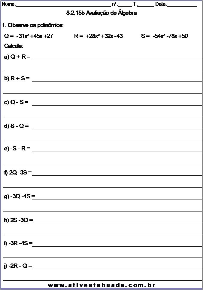 Atividade 8.2.15b Avaliação de Álgebra