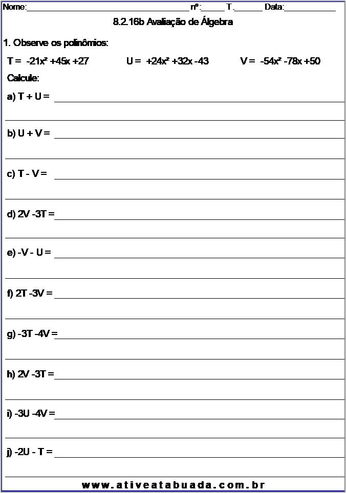 Atividade 8.2.16b Avaliação de Álgebra