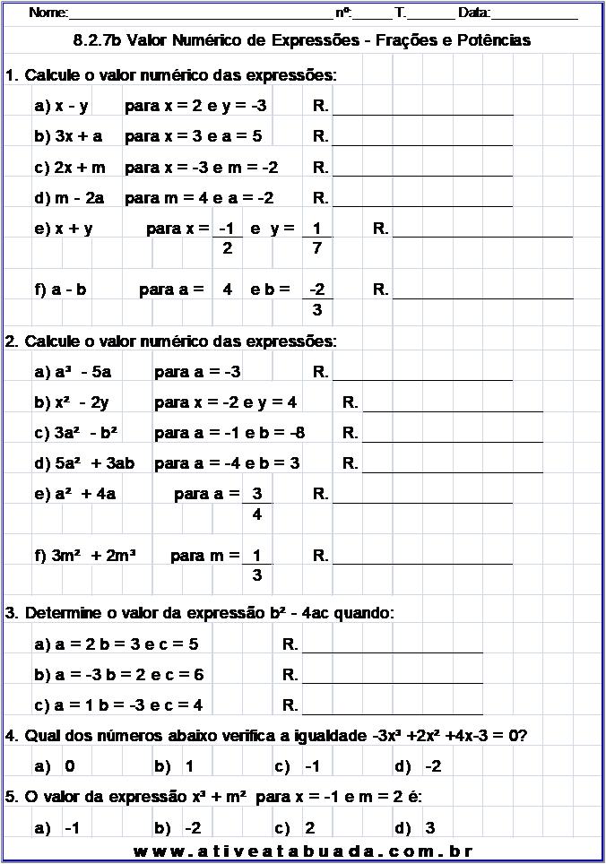 Atividade 8.2.7b Valor Numérico de Expressões - Frações e Potências