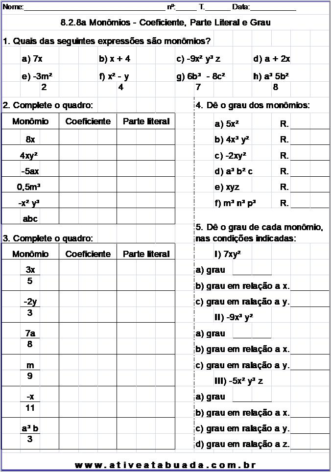 Atividade 8.2.8a Monômios - Coeficiente, Parte Literal e Grau