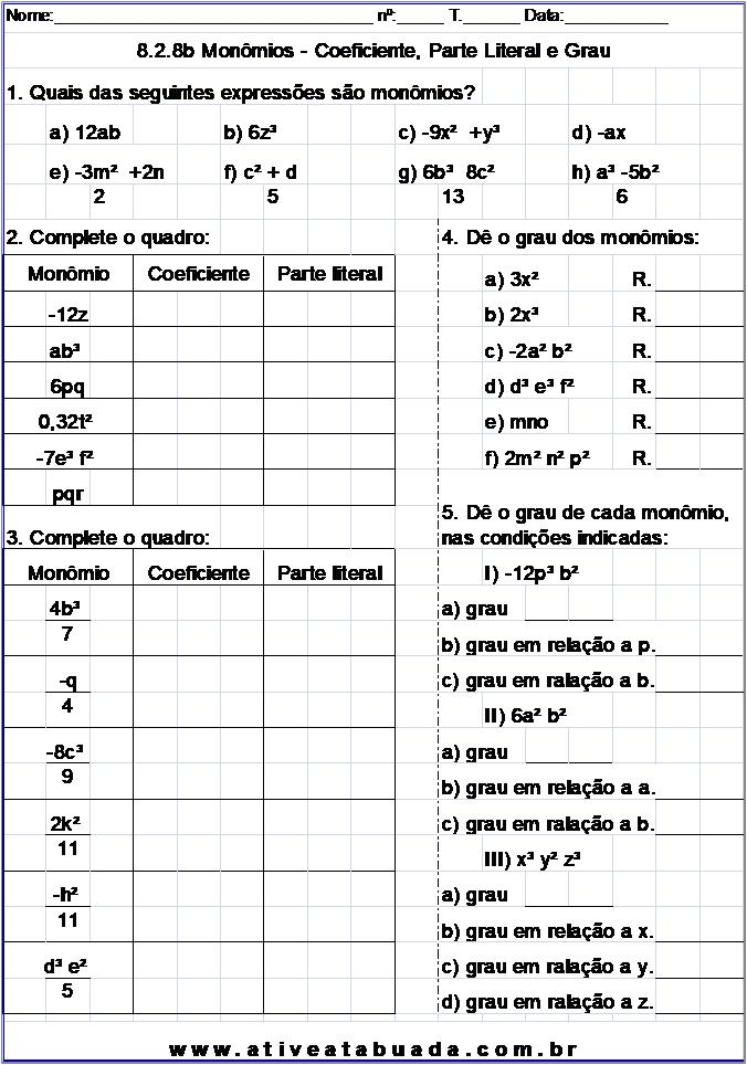 Atividade 8.2.8b Monômios - Coeficiente, Parte Literal e Grau