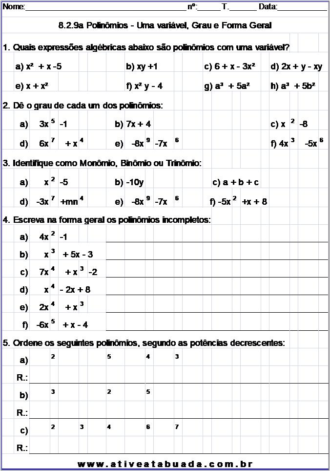 Atividade 8.2.9a Polinômios - Uma variável, Grau e Forma Geral