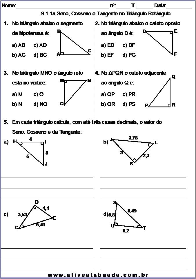 Atividade 9.1.1a Seno, Cosseno e Tangente no Triângulo Retângulo
