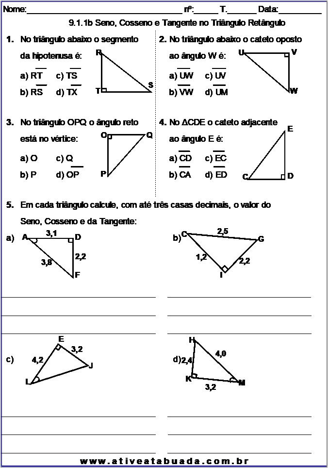 Atividade 9.1.1b Seno, Cosseno e Tangente no Triângulo Retângulo