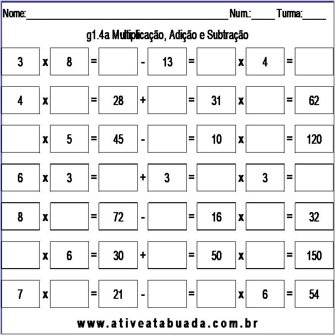 Atividade g1.4a Multiplicação, Adição e Subtração