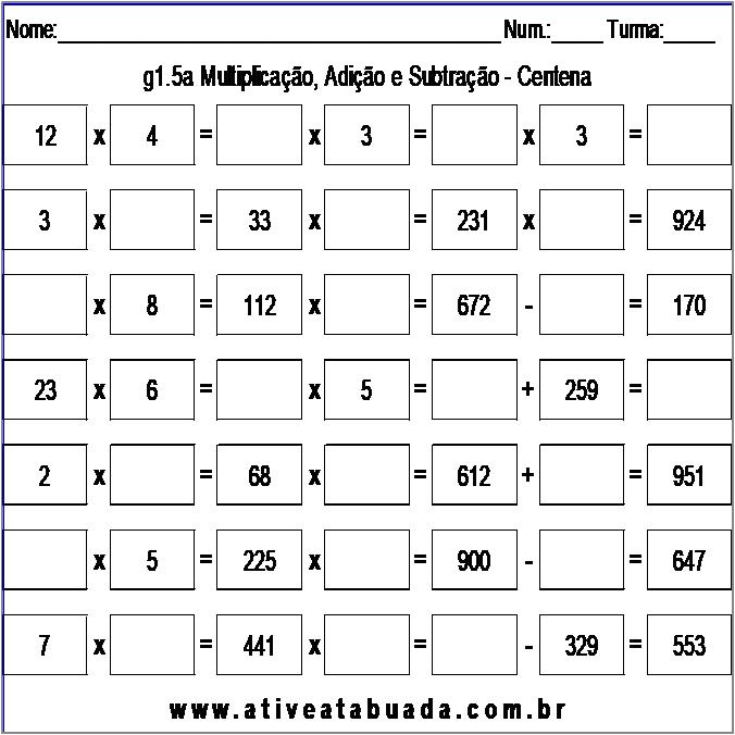 Atividade g1.5a Multiplicação, Adição e Subtração - Centena