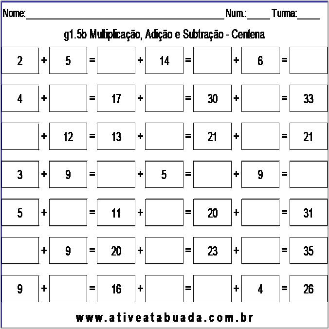 Atividade g1.5b Multiplicação, Adição e Subtração - Centena