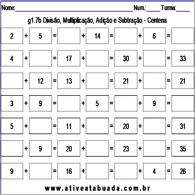 Atividade g1.7b Divisão, Multiplicação, Adição e Subtração - Centena