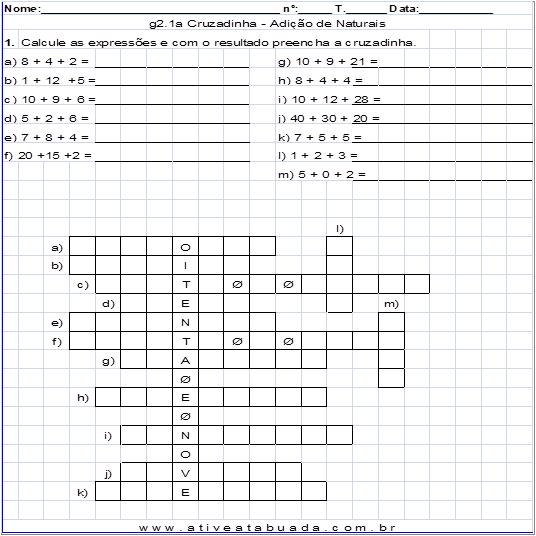 Cruzadinha Matemática para imprimir