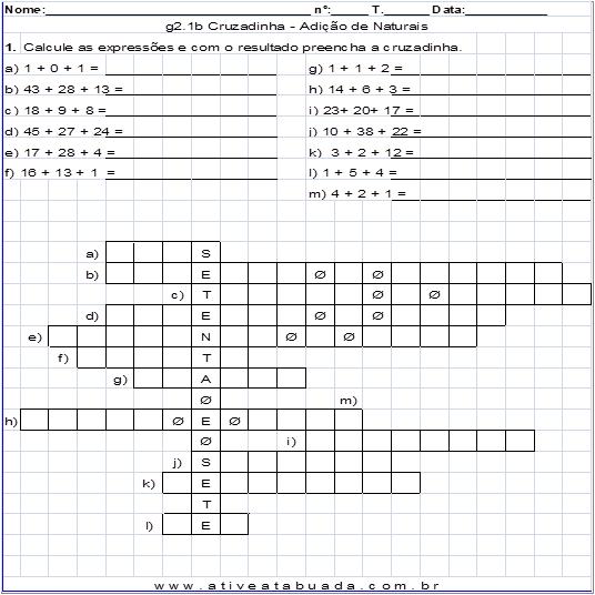 Cruzadinha Matemática para imprimir