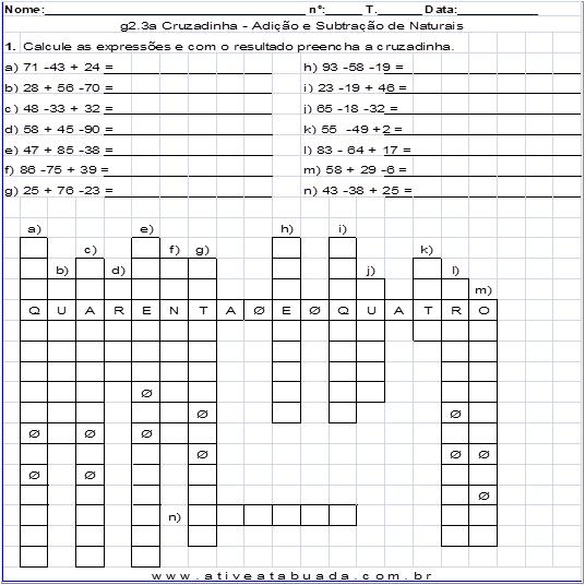 Cruzadinha Matemática para imprimir