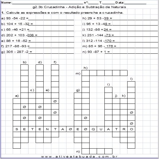 Atividade g2.3b Cruzadinha - Adição e Subtração de Naturais