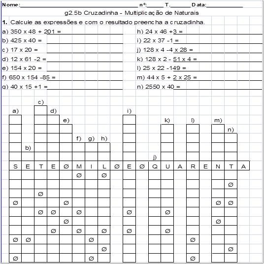 Atividade g2.5b Cruzadinha - Multiplicação de Naturais