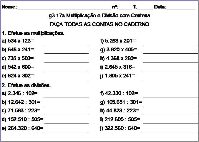 Atividade g3.17a Multiplicação e Divisão com Centena