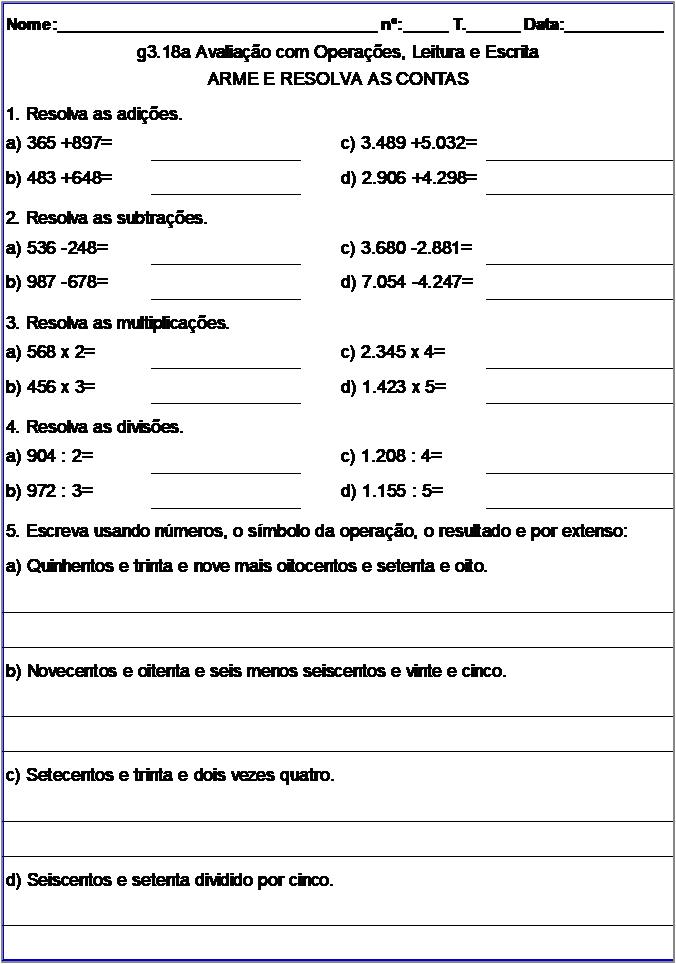 Atividade g3.18a Avaliação com Operações, Leitura e Escrita